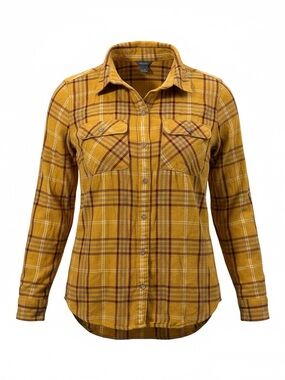 Eddie Bauer Women’s Medium Mustard Yellow Plaid Shirt with Brown & Cream Stripes